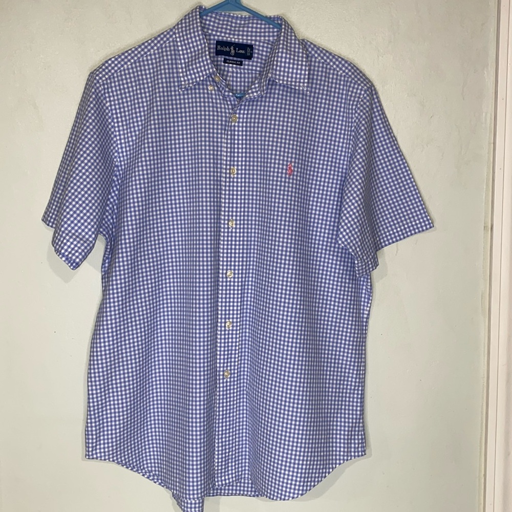 Ralph Lauren Classic Fit Short Sleeve Gingham Blue White Button Down 100% Cotton - Picture 10 of 12